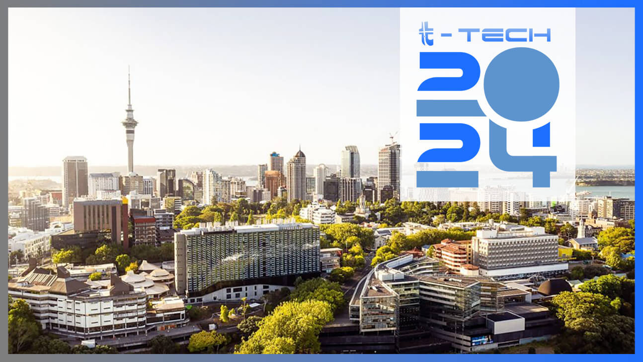 T-Tech Conference image. An aerial image overlooking the University of Auckland, the venue for T-Tech 2024, and the Auckland city skyline. T-Tech 2024 logo is overlaid