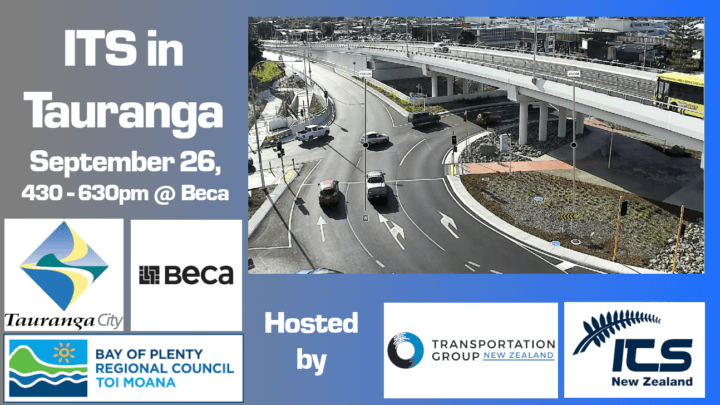 Event promotion image with image of Tauranga's Bayfair roundabout and overpass. Date and time, logos form TCC, BoPRC, ITSNZ and Transportation Group